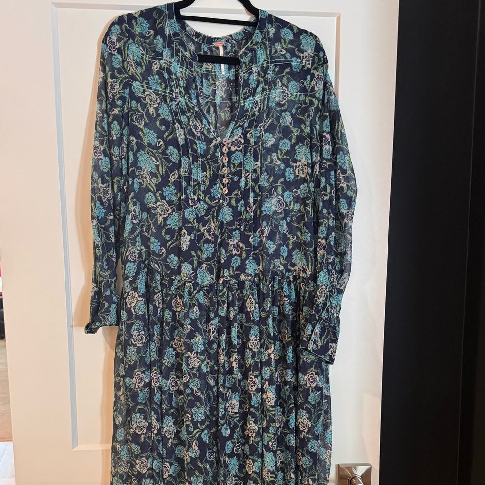 FREE PEOPLE Floral Navy and Teal Sheer Women's Maxi Dress - Picture 3 of 5